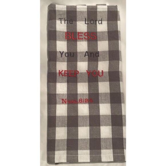 "The Lord Bless You & Keep You" Tea Towel Gray/White Checked Embroidery 20x28 - Picture 1 of 7